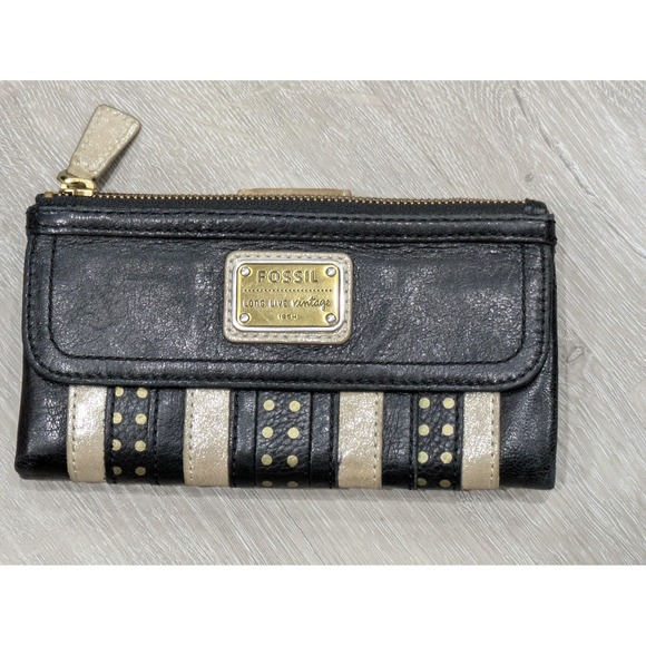 Fossil Wallet Womens Black Gold Polka Dot Leather Zip Around Long Live Vintage - Picture 1 of 9